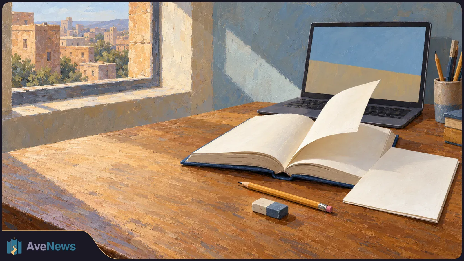 A painted scene of an open book, notebook, pencil and eraser on a wooden desk beside a laptop with a blue-and-tan screen. Sunlit stone buildings are visible through a window. SI illustration