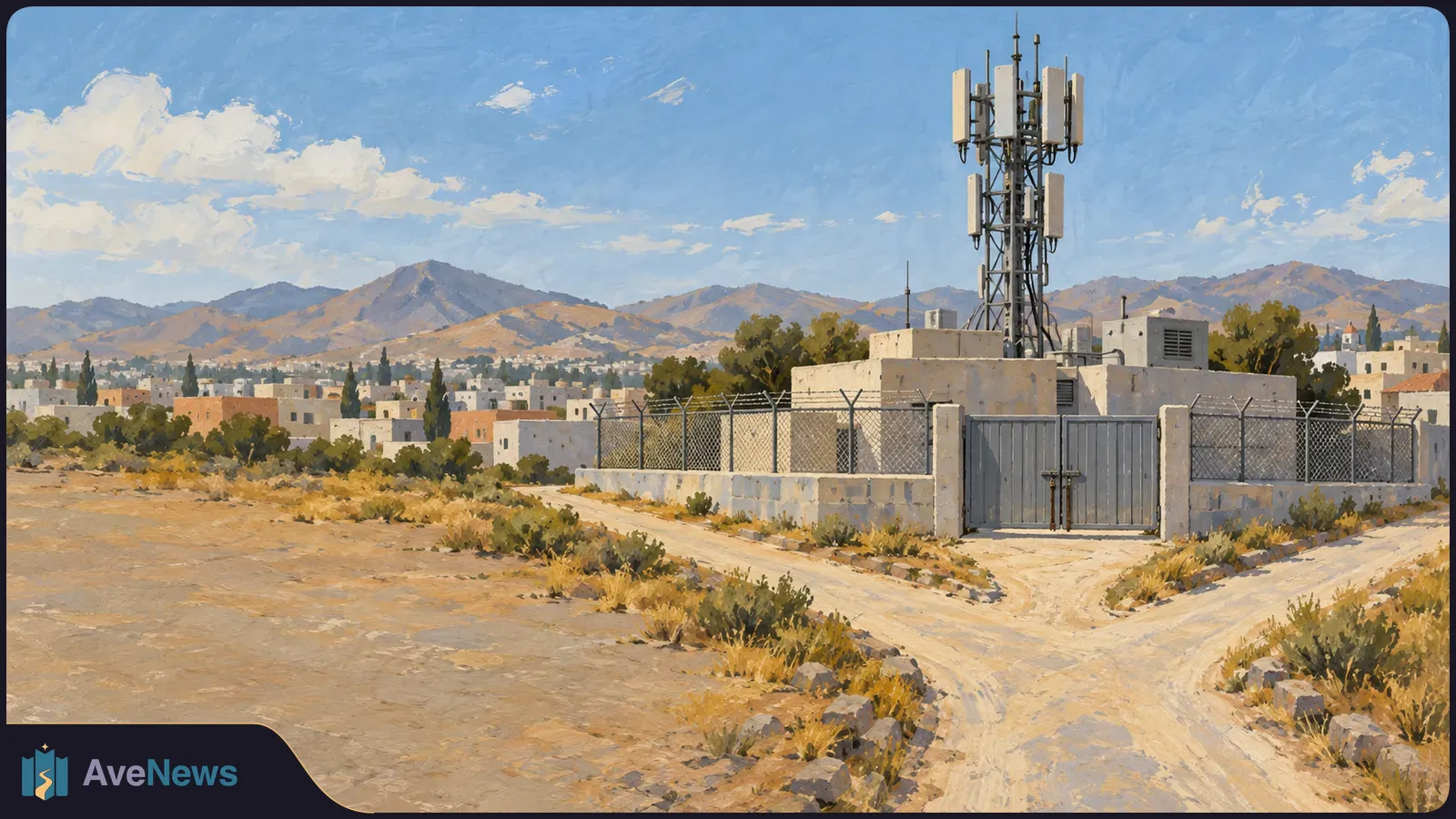 Painted scene of a cellular tower inside a fenced compound, with a dirt road, low buildings and mountains beyond. SI illustration