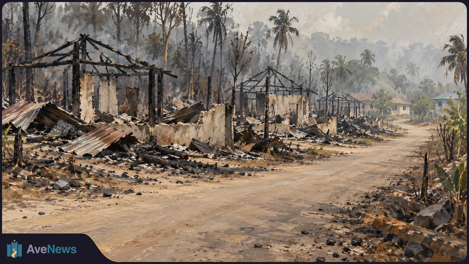 Painted scene of burned house frames and collapsed metal roofs beside a dirt road, with blackened trees and haze in the background. SI illustration