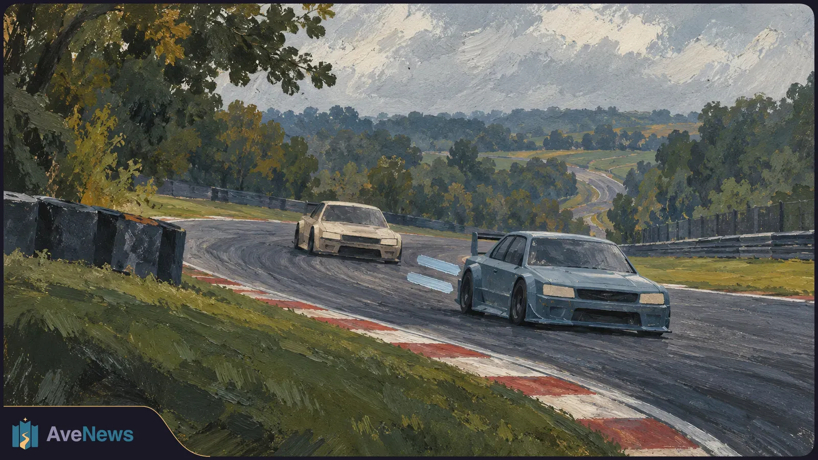 Painted scene of a blue touring car leading a cream-colored car around a bend on a tree-lined race circuit. SI illustration