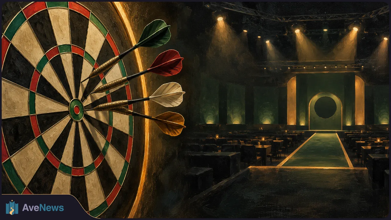 Painterly illustration of four darts clustered near the center of a large dartboard, beside a dim, empty arena with a lit stage and central walkway. SI illustration