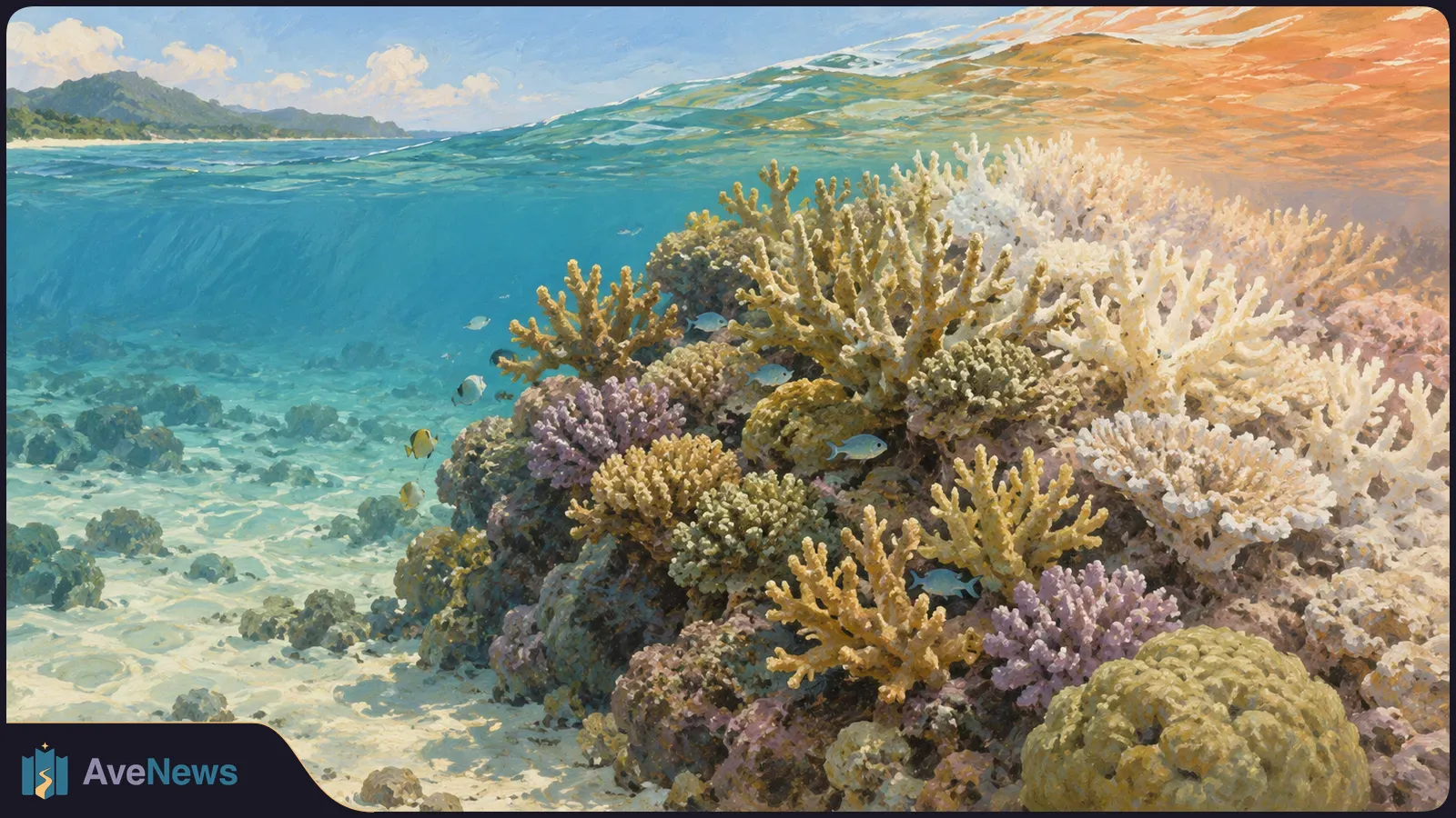 Illustration of a shallow coral reef with white, yellow and purple branching corals, small fish, clear blue water and a distant island shore. SI illustration