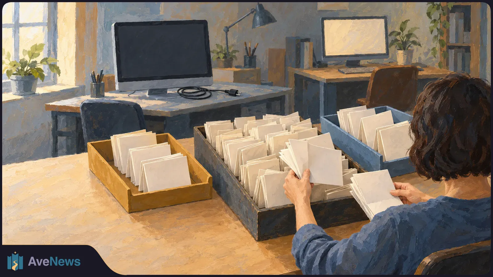 Illustration of a person sorting blank sheets into trays at a desk, with two computer monitors, an unplugged cable and plants in the room. SI illustration