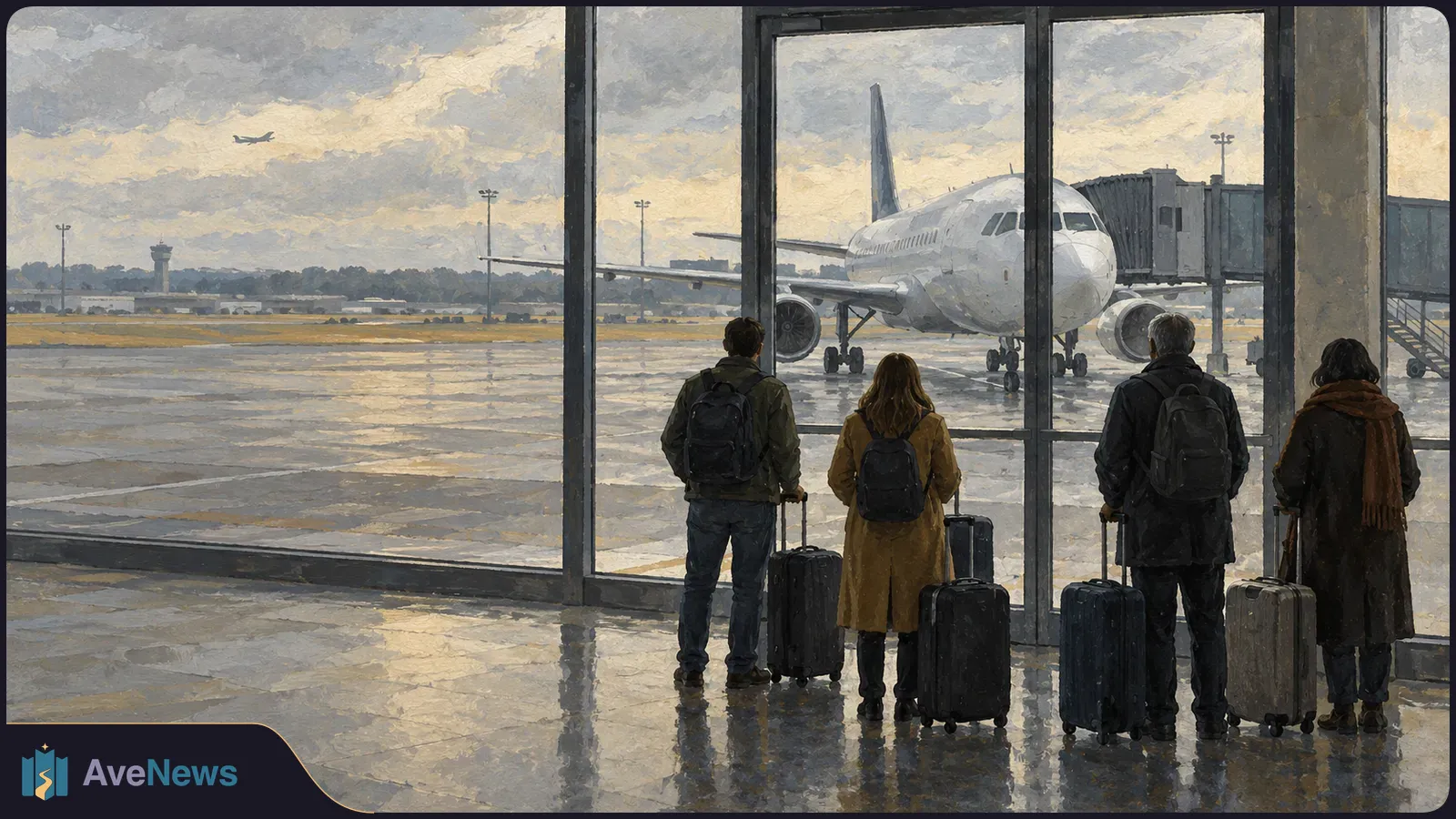 Painterly airport scene: four travelers with rolling suitcases stand by terminal windows, looking toward a plane at a gate under a cloudy sky. SI illustration