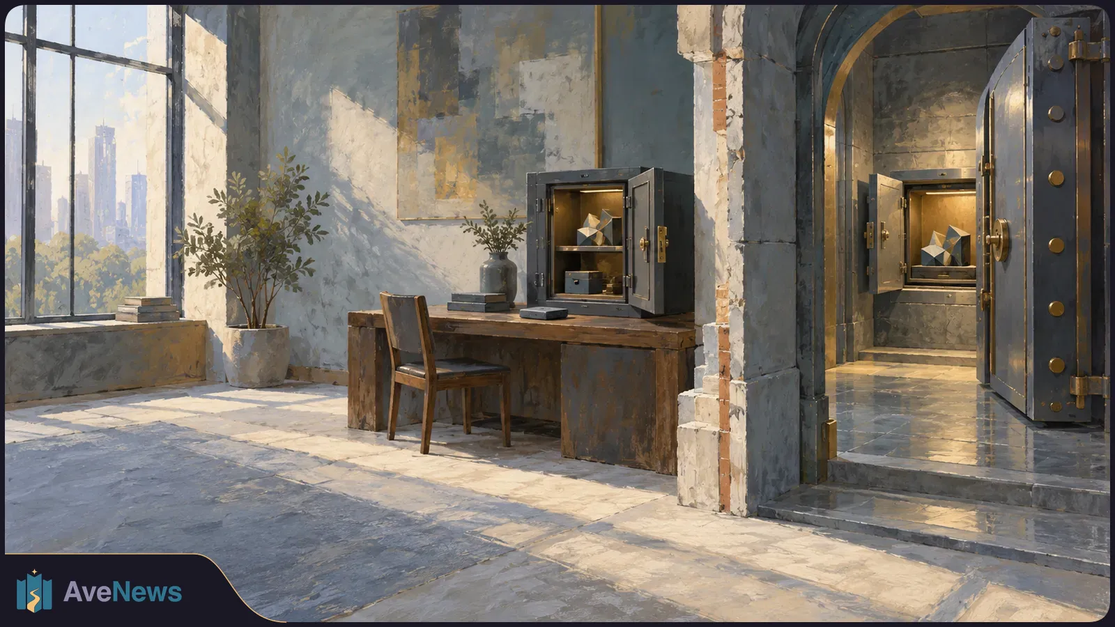 Painterly room with an open safe on a desk and another inside a large vault. Each holds a faceted geometric object. SI illustration