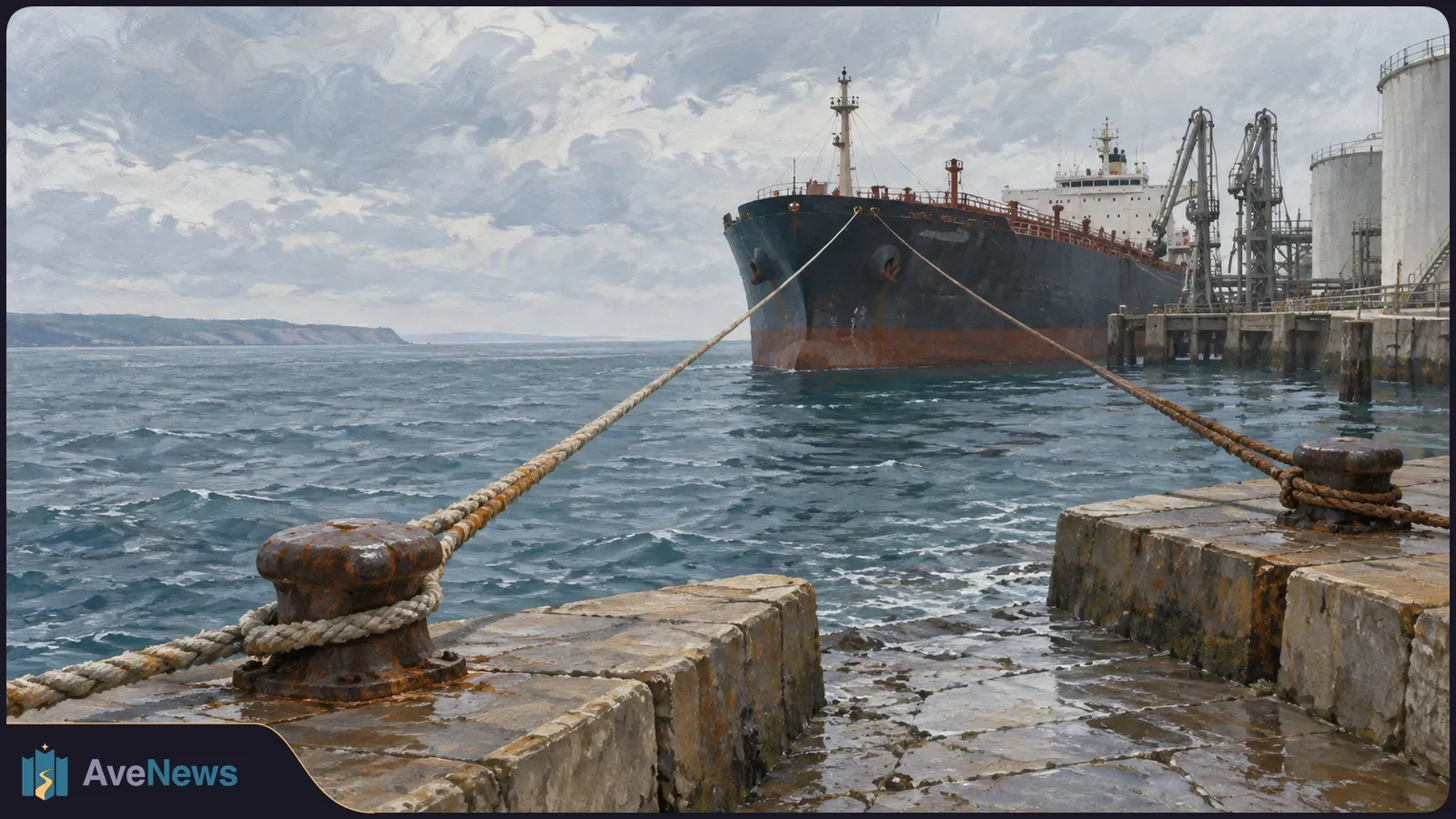 A dark tanker is moored to a stone quay beside storage tanks and cranes, under a cloudy sky over choppy water. SI illustration