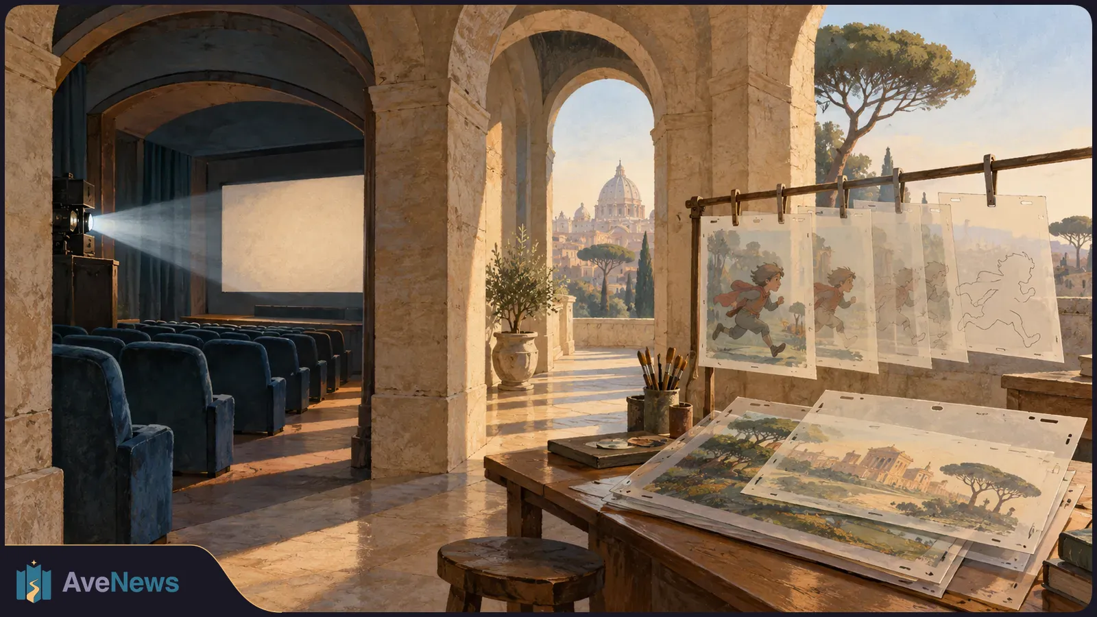 A sunlit stone arcade opens onto a small screening room and an animation worktable. Drawings of a running character hang beside painted scenery, with a domed skyline beyond. SI illustration
