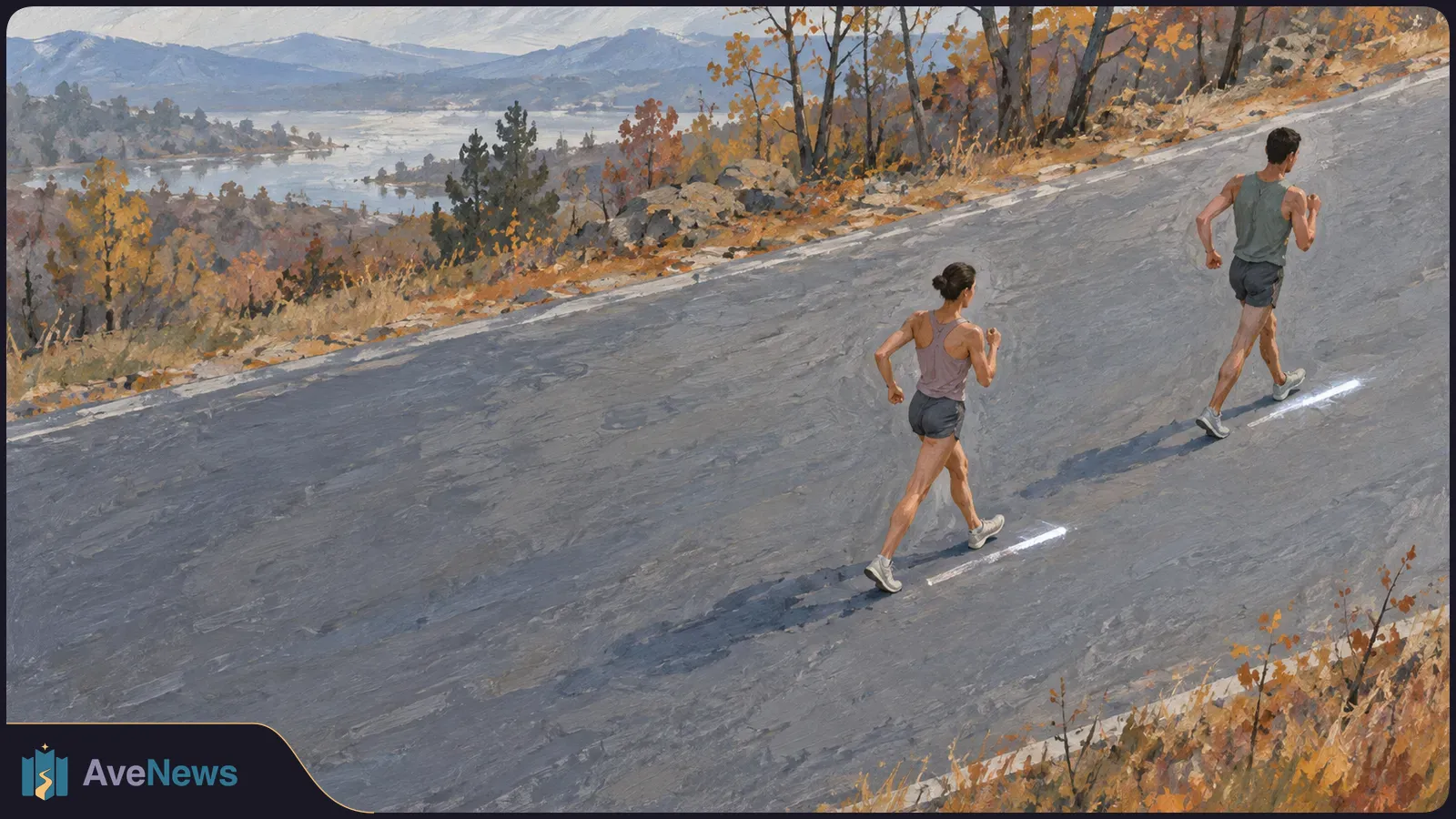 Painted scene of two people moving uphill on a paved road, with autumn trees, a lake and mountains in the background. SI illustration
