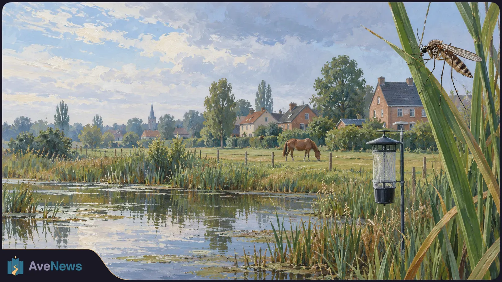 Painted rural scene with a large mosquito among reeds above a pond, a hanging insect trap nearby, and a horse grazing before village houses. SI illustration