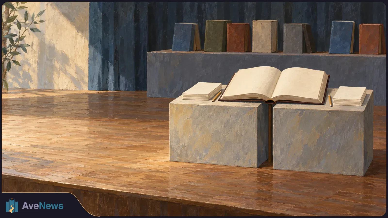 An open blank book rests across two stone plinths, with paper stacks and pencils beside it. Several closed books stand behind it on a shelf. SI illustration
