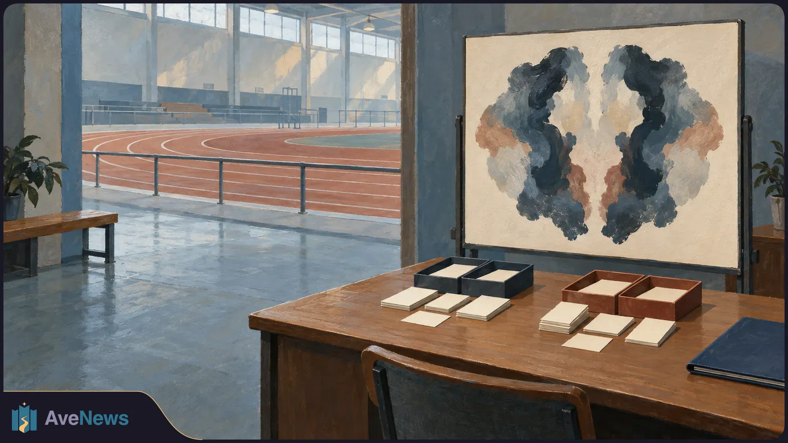 A large symmetrical inkblot on a board above blank cards and trays, with an empty indoor running track in the background. SI illustration
