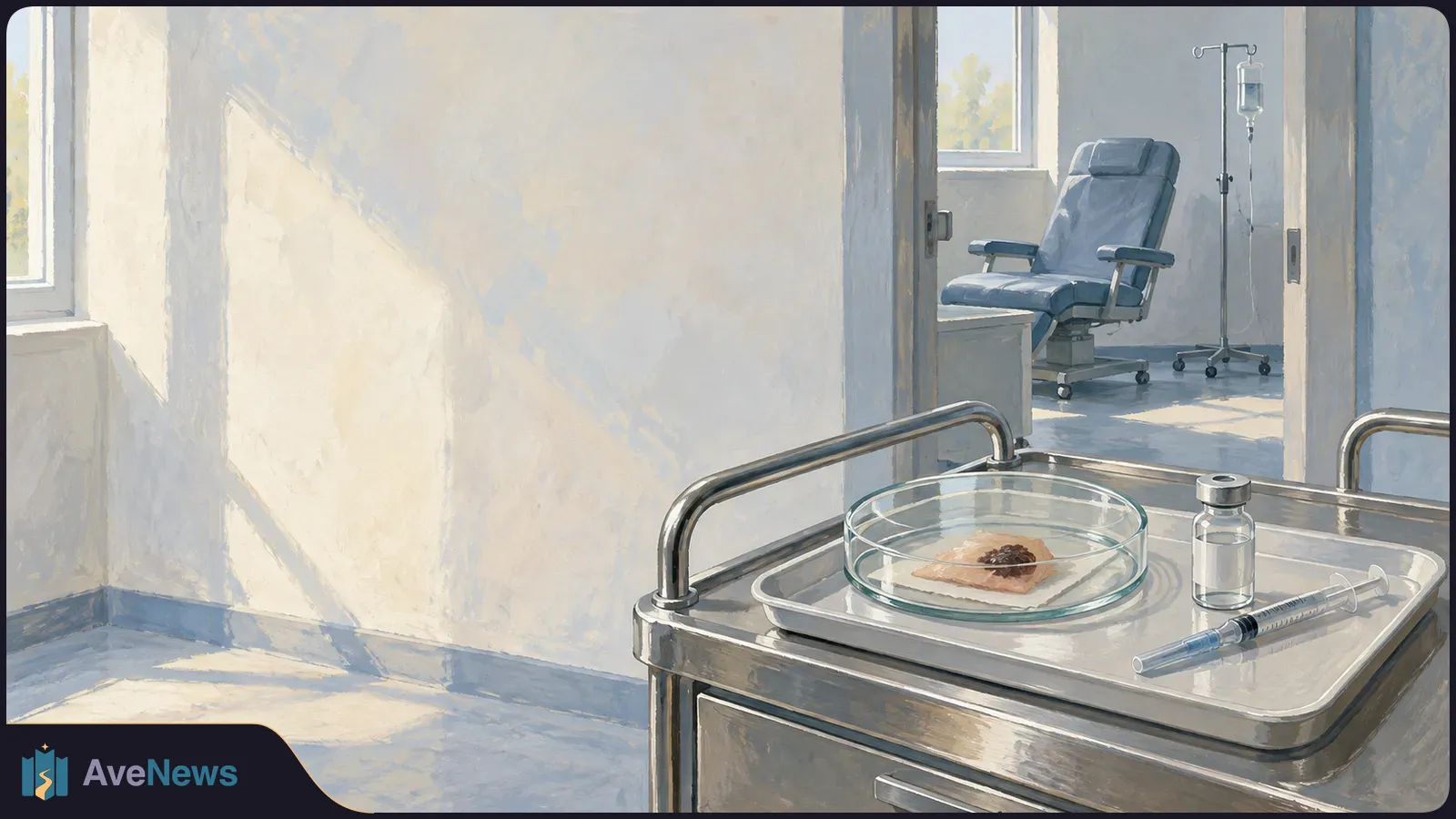 Painted clinic room with a metal trolley holding a glass dish with a brown specimen, a vial and a syringe. An empty treatment chair and IV stand are visible through the doorway. SI illustration