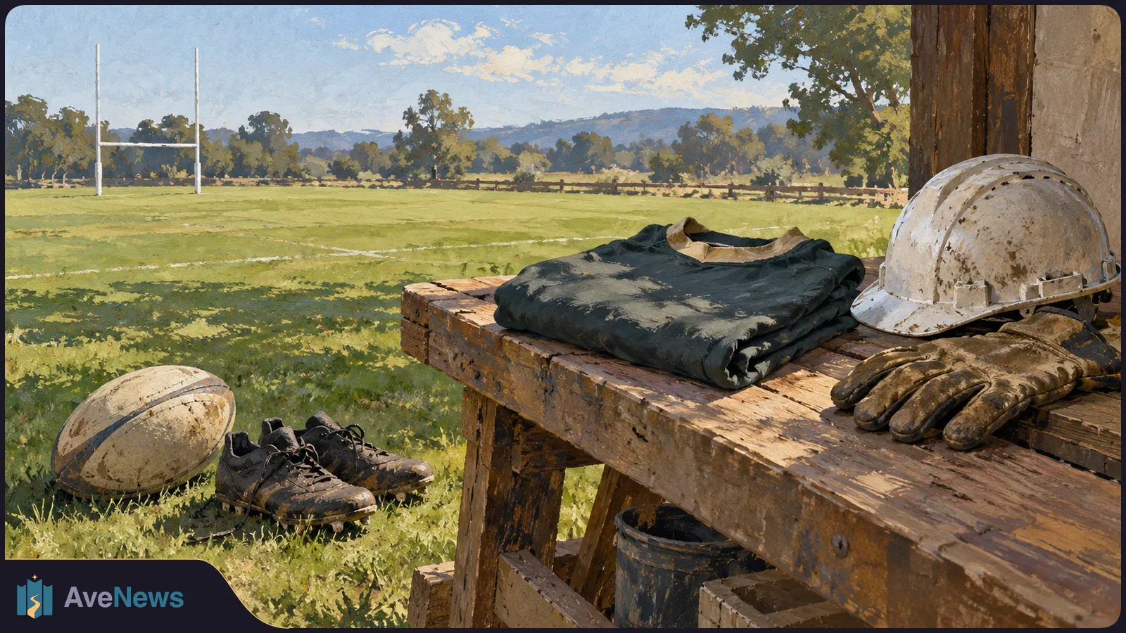 A rugby ball and muddy boots lie beside a grassy field. A hard hat, work gloves and folded shirt rest on a wooden bench, with rugby goalposts in the distance. SI illustration