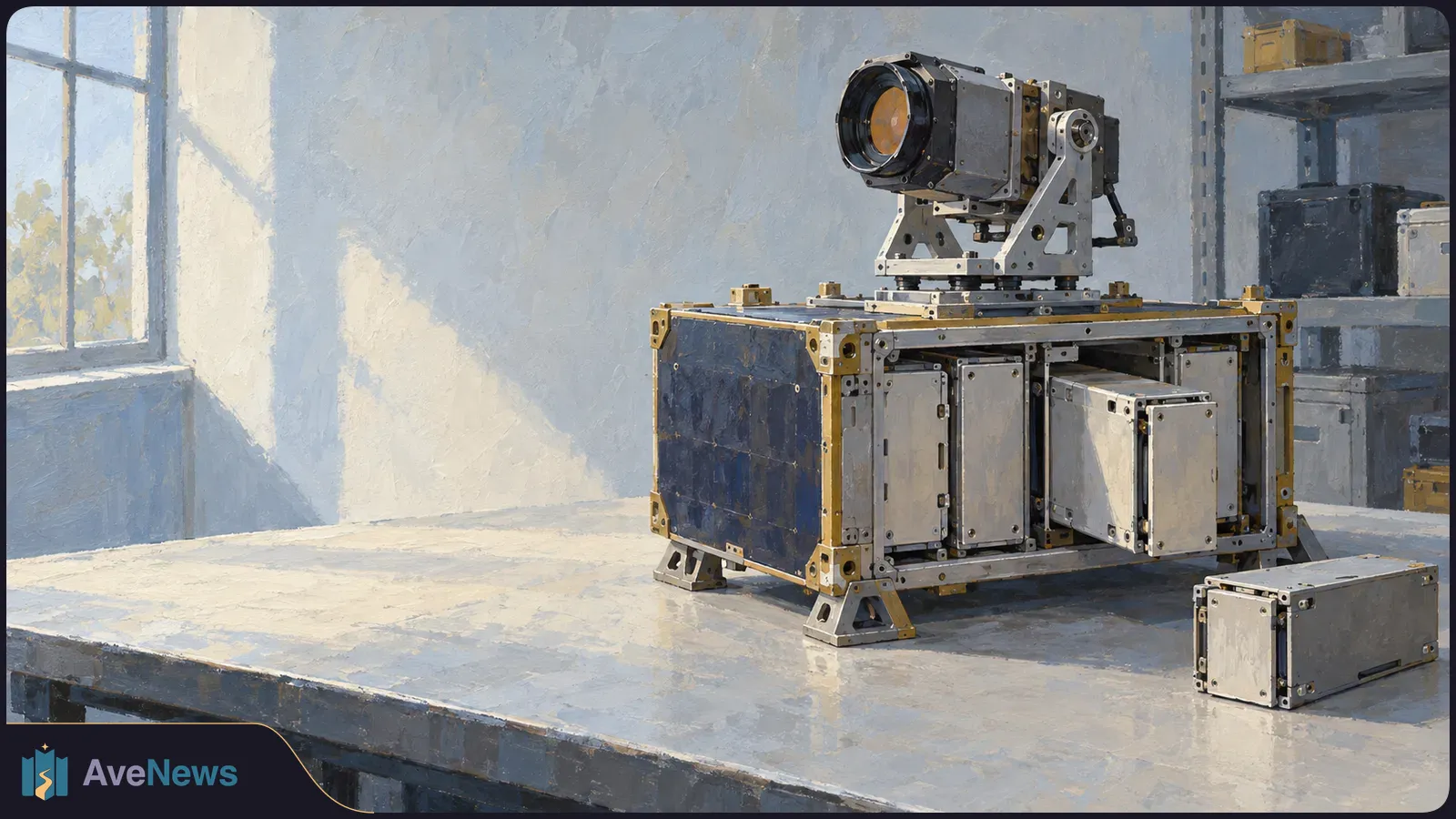 Painted illustration of a modular spacecraft bus with a large lens and box-shaped components on a workshop table. SI illustration