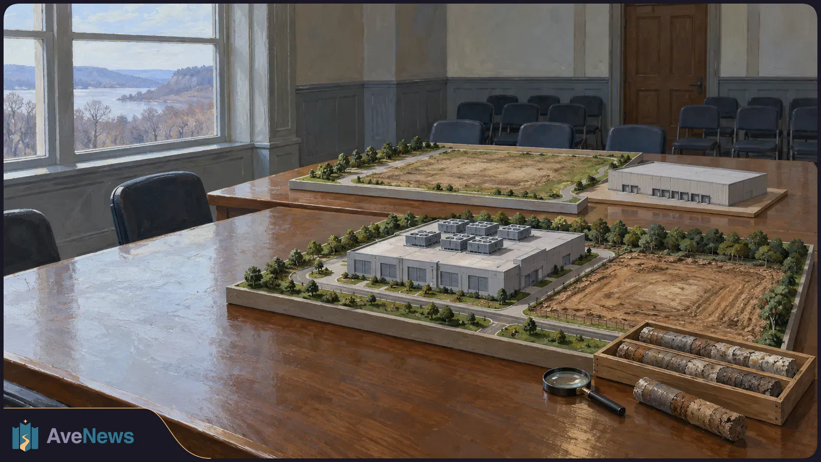 An illustrated meeting room table holds models of a building with rooftop cooling units, a boxlike building and bare plots. Soil samples and a magnifying glass sit in front. SI illustration