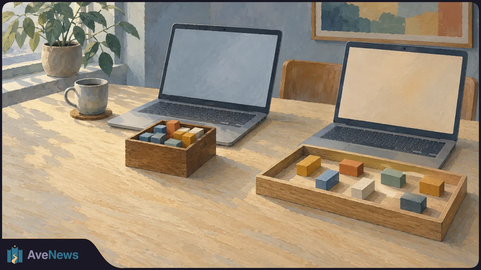 Painted scene of two blank-screen laptops on a table, with coloured blocks clustered in a box beside one and spaced apart in a tray beside the other. SI illustration