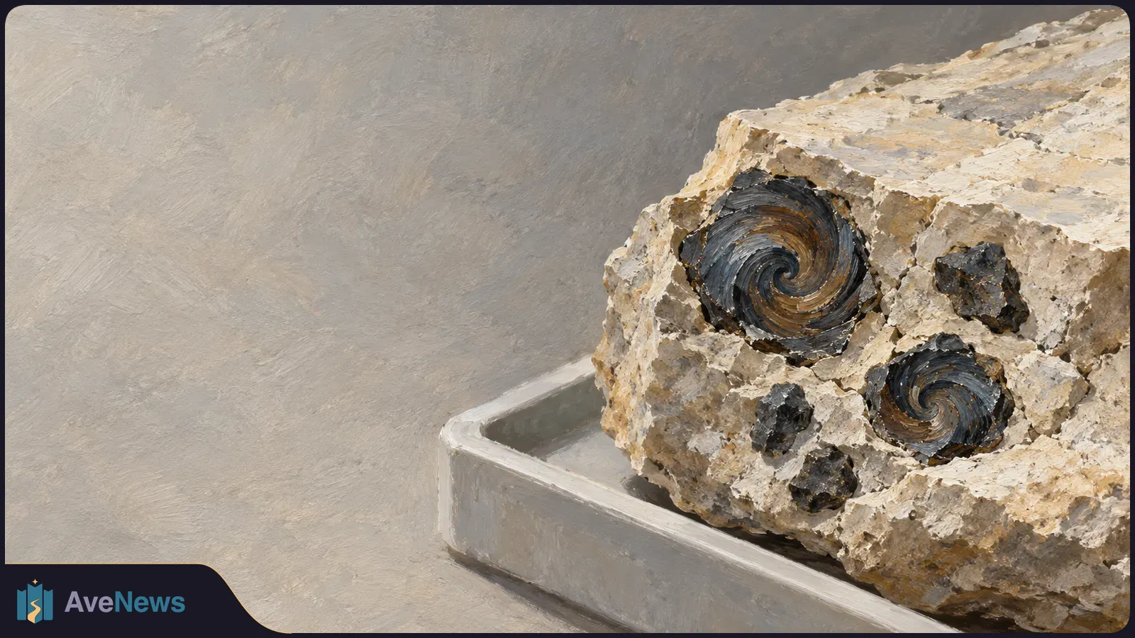 Painterly close-up of a pale rock on a gray tray, with dark spiral shapes embedded in its face against a muted gray background. SI illustration