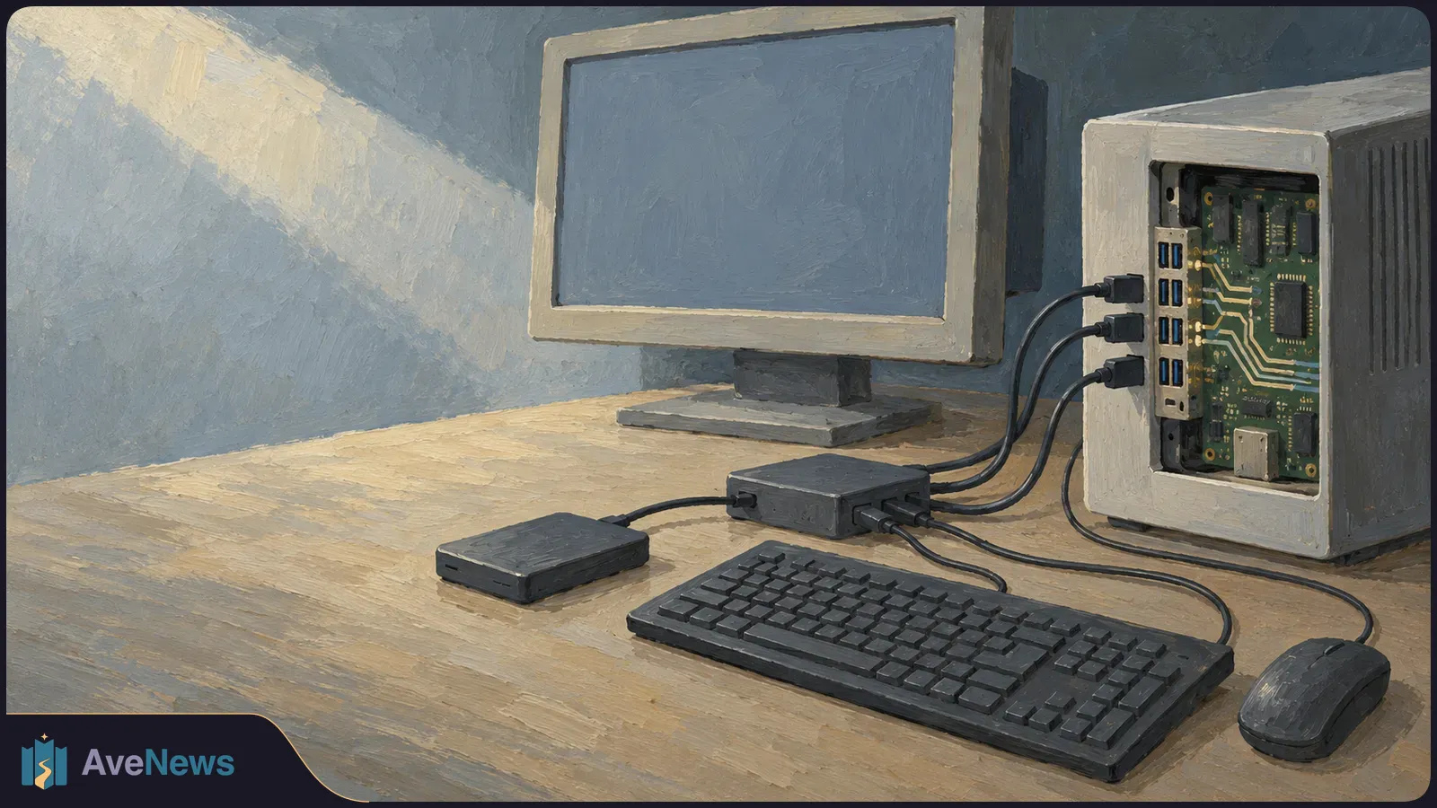 Painted desktop scene with a blank monitor, keyboard and mouse beside a computer with an exposed circuit board; several cables connect through a small hub. SI illustration