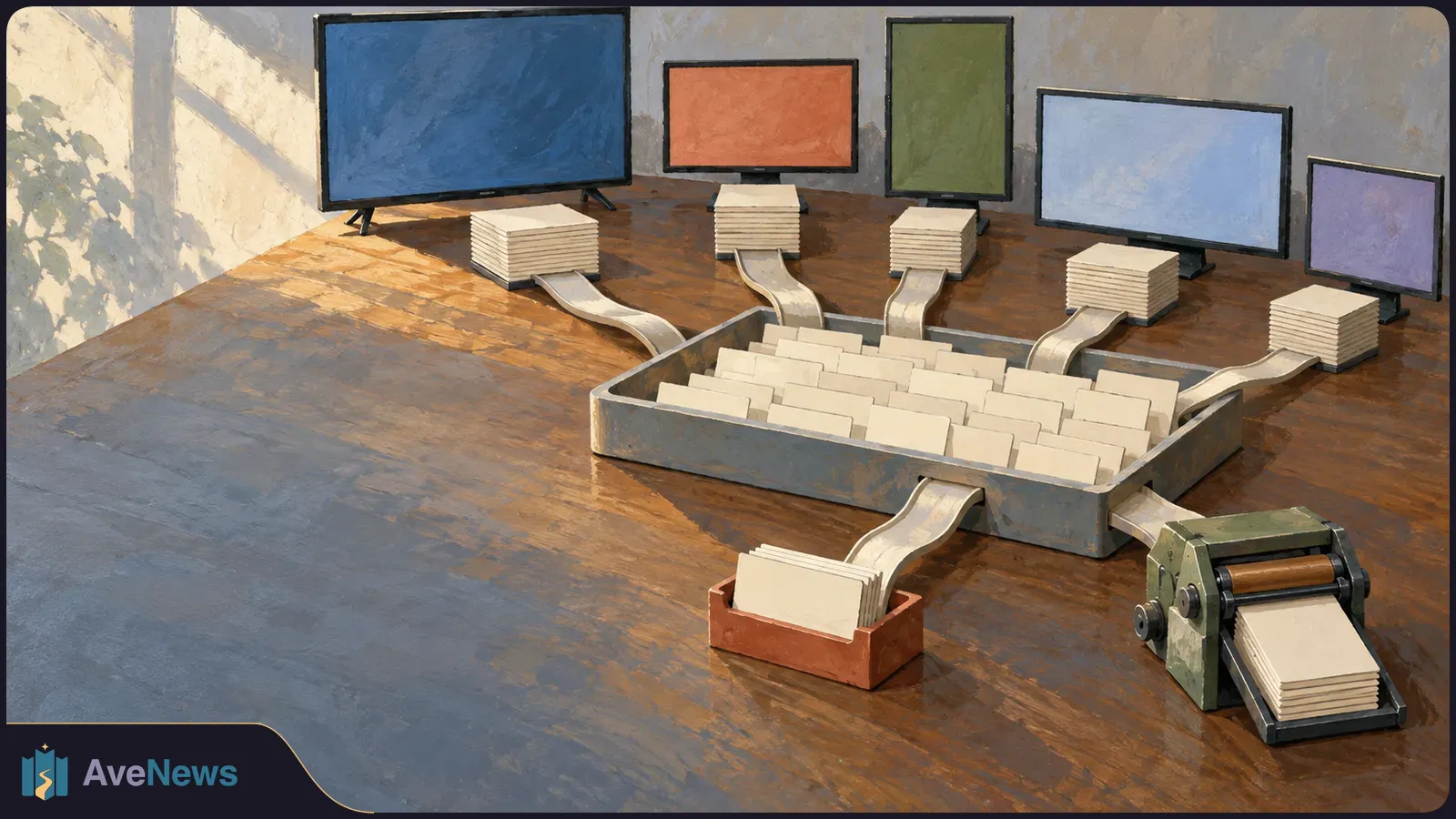 Illustration of five blank, differently coloured TV screens above stacks of cards feeding into a shared tray, with more cards passing through a small roller. SI illustration