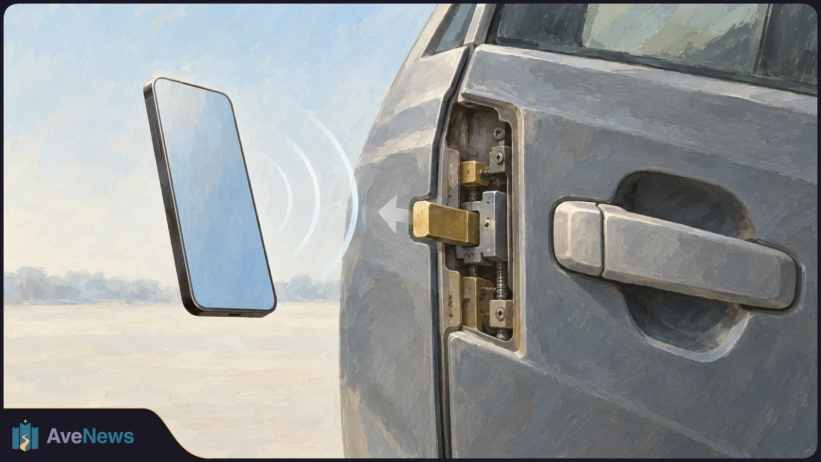 Illustration of a smartphone beside a gray car door, with curved wireless-signal lines pointing toward an exposed door-lock mechanism. SI illustration