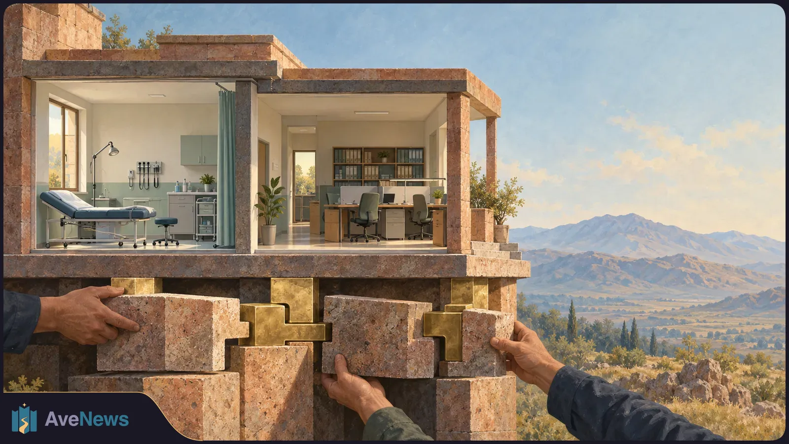 Illustration of hands fitting stone blocks beneath a cutaway building containing an exam room and office, with mountains in the background. SI illustration