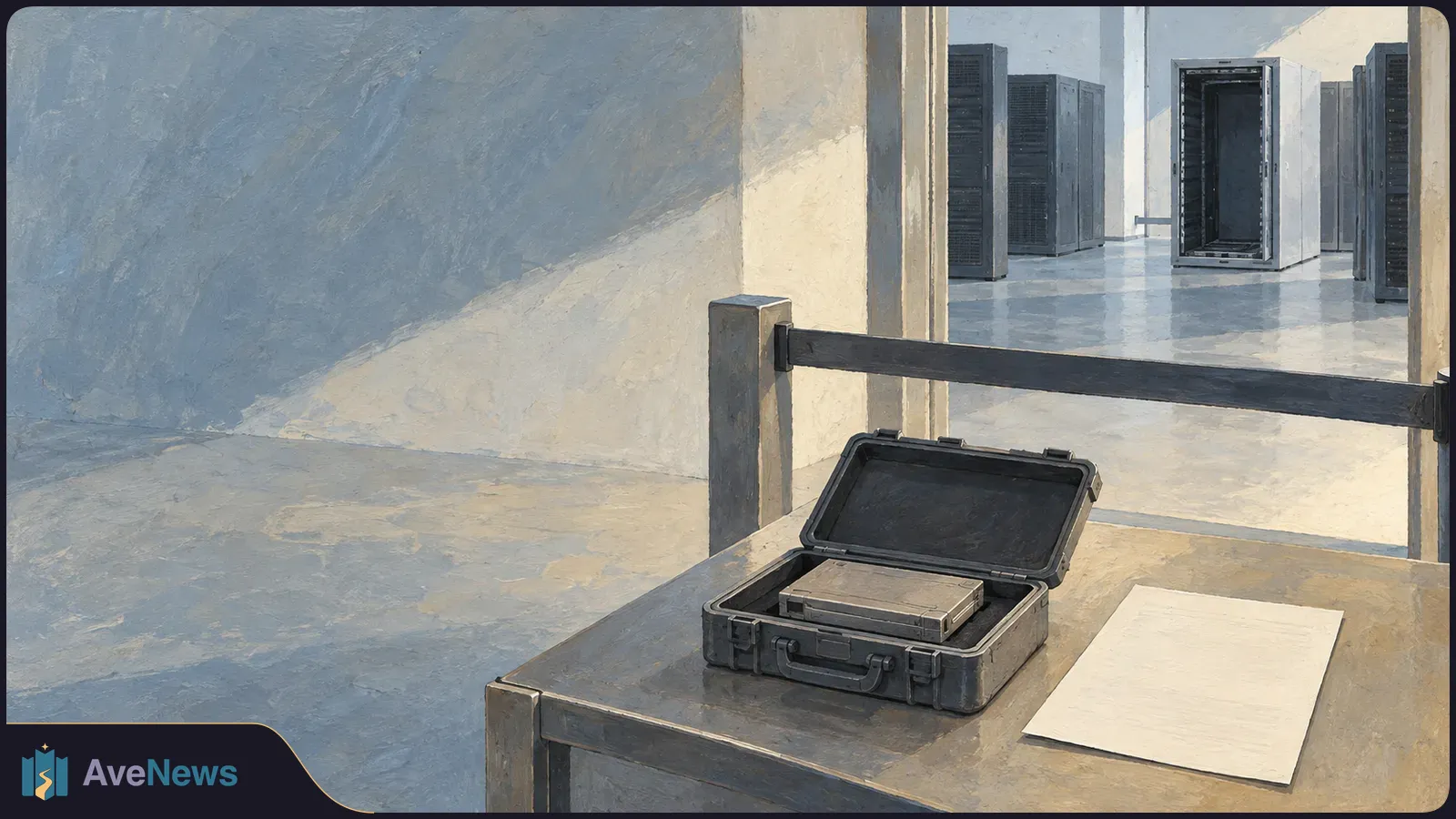 Painted server room seen past a barrier; an open hard case holding a rectangular device and a blank sheet sit on a table in the foreground. SI illustration