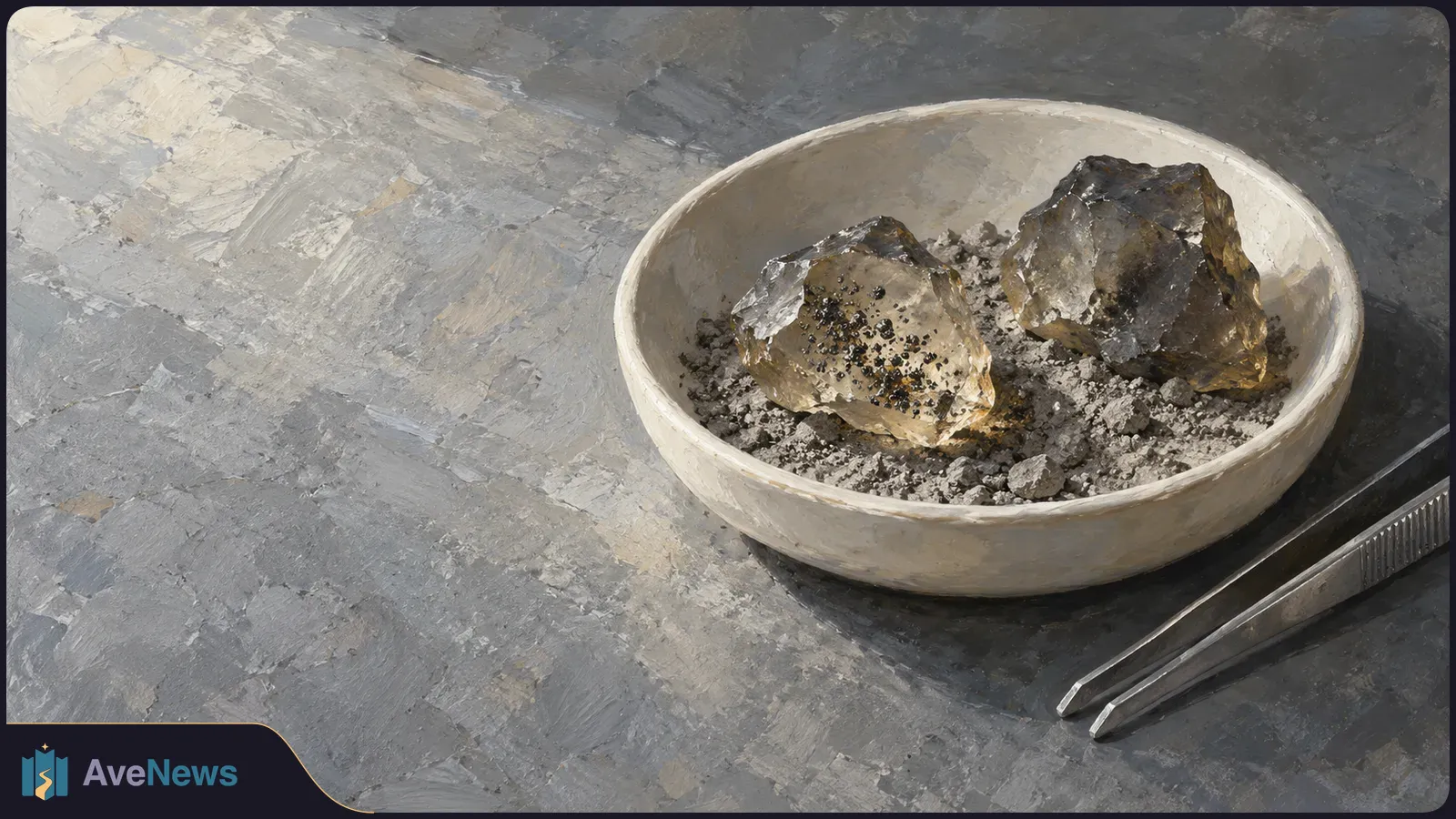 Two translucent, dark-speckled glass fragments rest in a shallow white dish of gray grit, with metal tweezers beside it on a textured gray surface. SI illustration