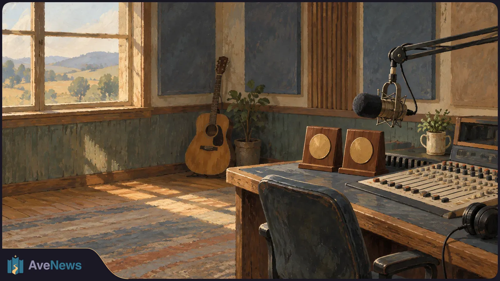 Painted radio studio with a suspended microphone, mixing desk, headphones and two wooden plaques; an acoustic guitar stands beside a sunlit window. SI illustration