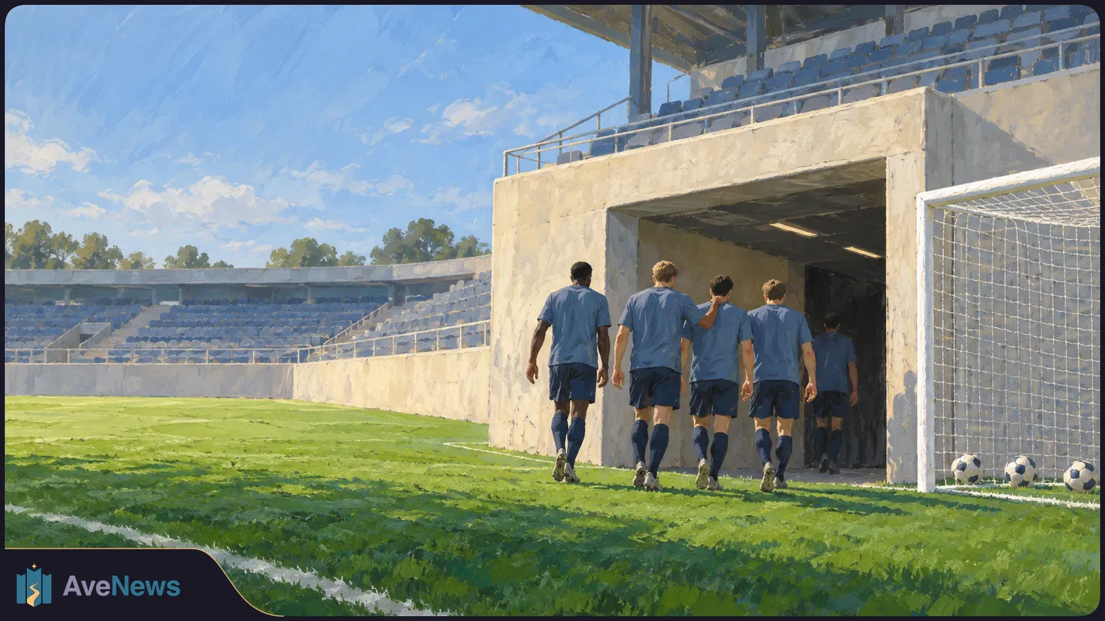 Illustration of five football players in blue kits walking toward a stadium tunnel, with empty stands, a goal and three balls beside the pitch. SI illustration