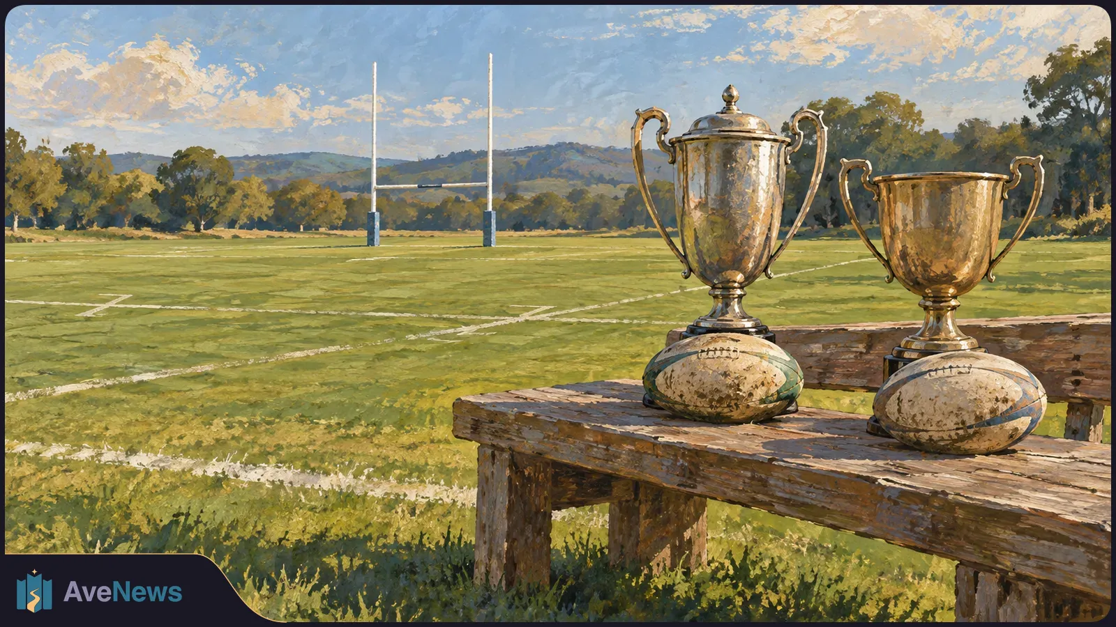 Painted rugby field with goalposts; two trophies and two rugby balls rest on a wooden bench in the foreground. SI illustration