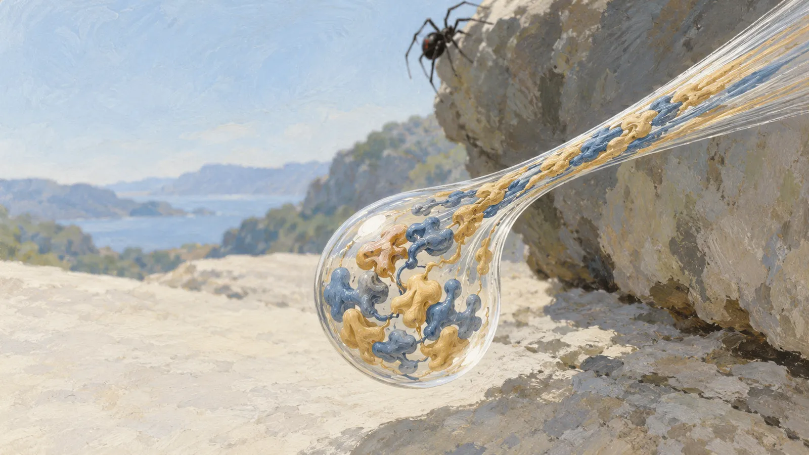 A painted black spider on a rock above a transparent droplet filled with blue and gold shapes, stretching into fine strands against a distant coastal landscape. SI illustration