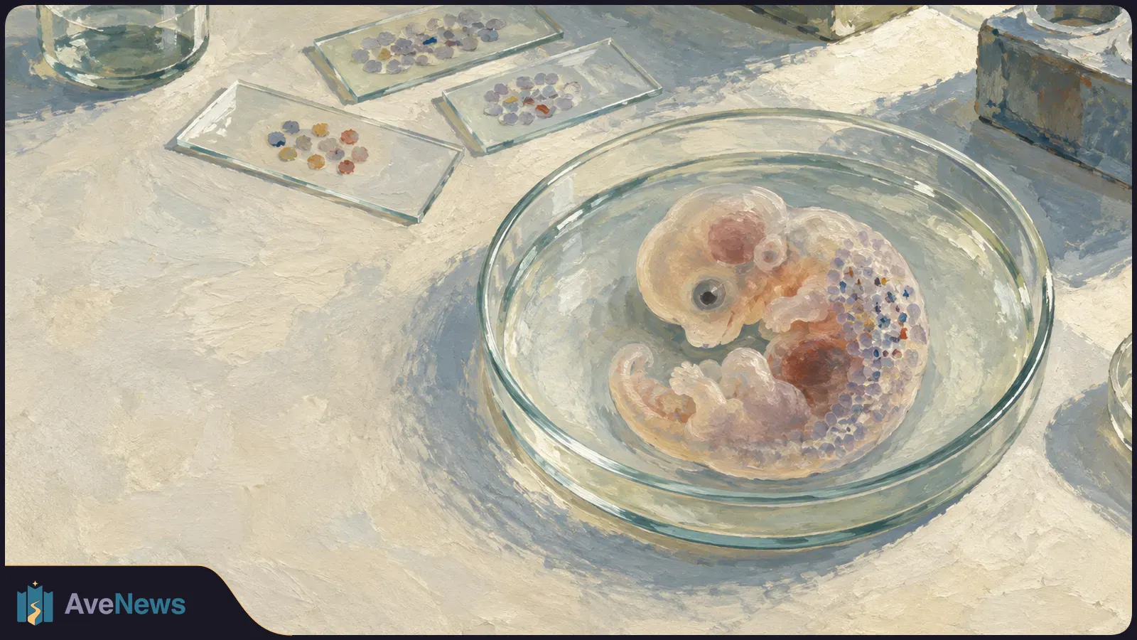 Painterly illustration of a curled mouse embryo in a glass dish, with three slides holding clusters of colored dots nearby. SI illustration