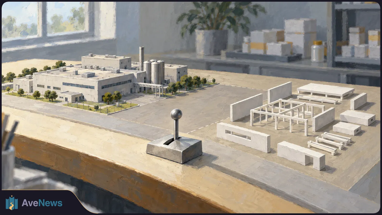 A tabletop model shows an industrial building with tanks and trees on the left, a white building framework on the right, and a metal lever in front. SI illustration