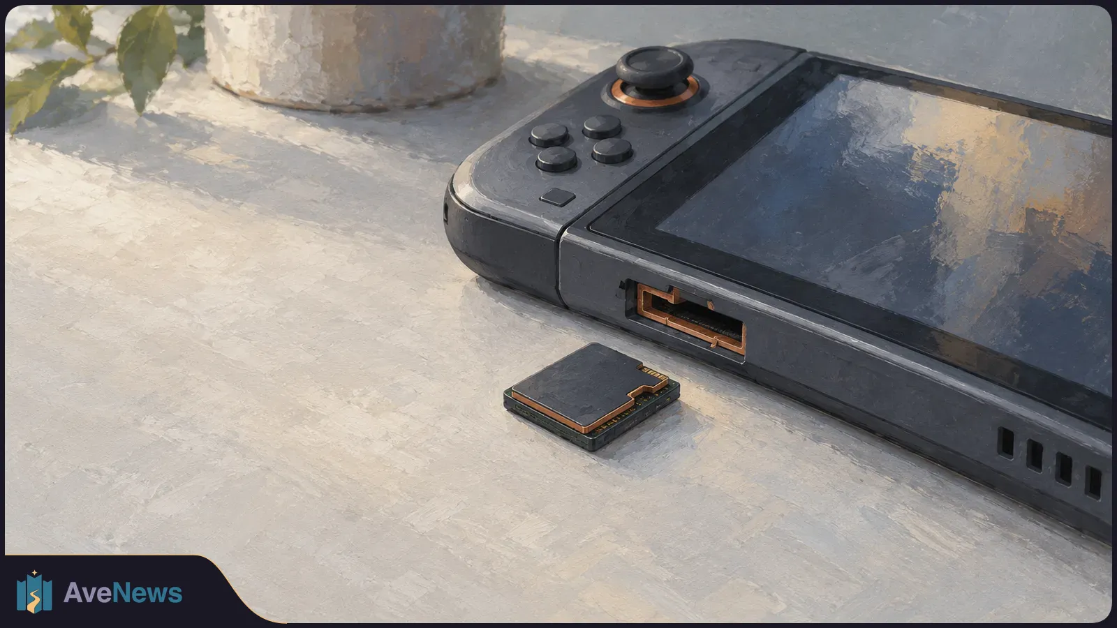 Painted illustration of a small removable storage module beside a slot on a handheld gaming console, with its screen and controls visible. SI illustration