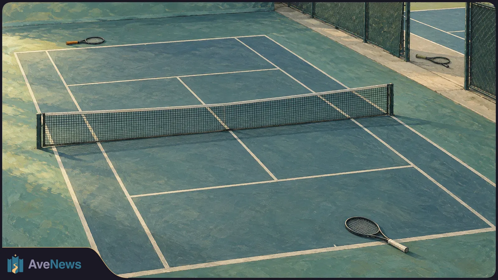 Painted view of an empty blue-green tennis court with a net and three rackets lying on the ground; a fenced adjoining court is visible behind it. SI illustration