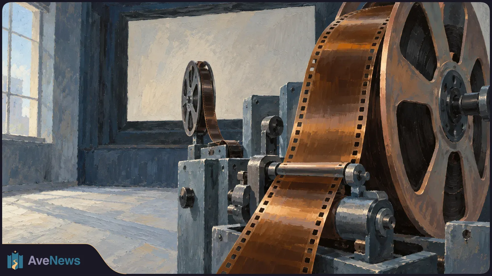 Illustration of large film reels and a strip of film running through a projector in a sunlit room. SI illustration