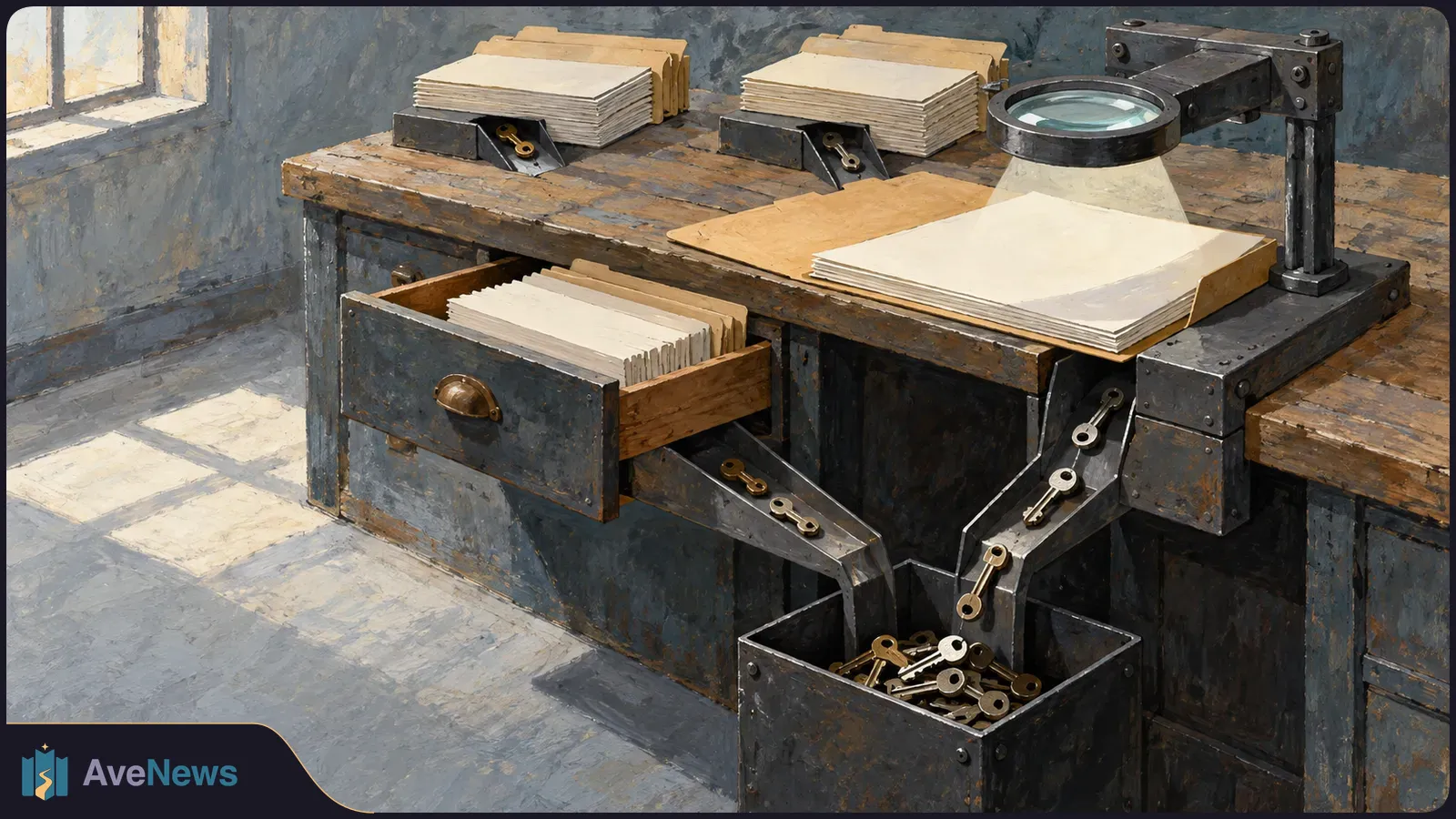 Painted scene of blank paper stacks and an open drawer on a wooden desk. A magnifying glass hangs over the papers, while keys slide down metal chutes into a bin. SI illustration