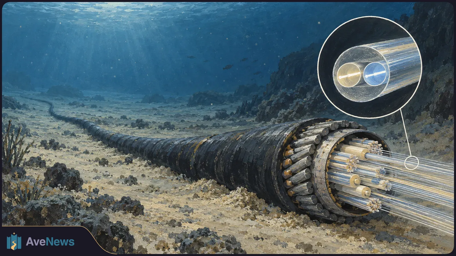 Illustration of a cable on a rocky seabed, its cut end revealing bundled strands; a circular inset shows two lit channels inside one fiber. SI illustration