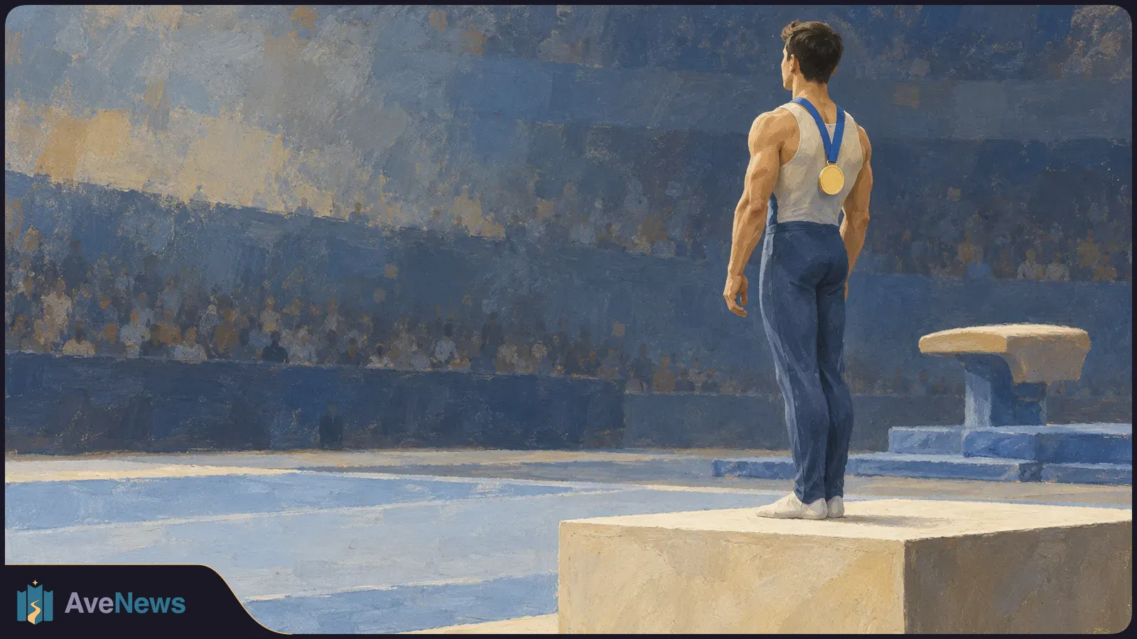 Illustration of a gymnast seen from behind, wearing a gold medal and standing on a podium beside a vaulting table in an arena. SI illustration