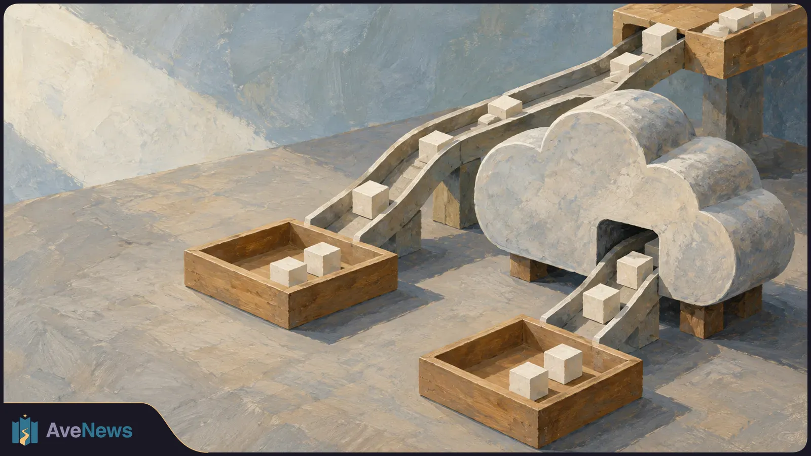 Painted illustration of white cubes moving down two chutes into separate wooden trays; one chute passes through a cloud-shaped structure. SI illustration