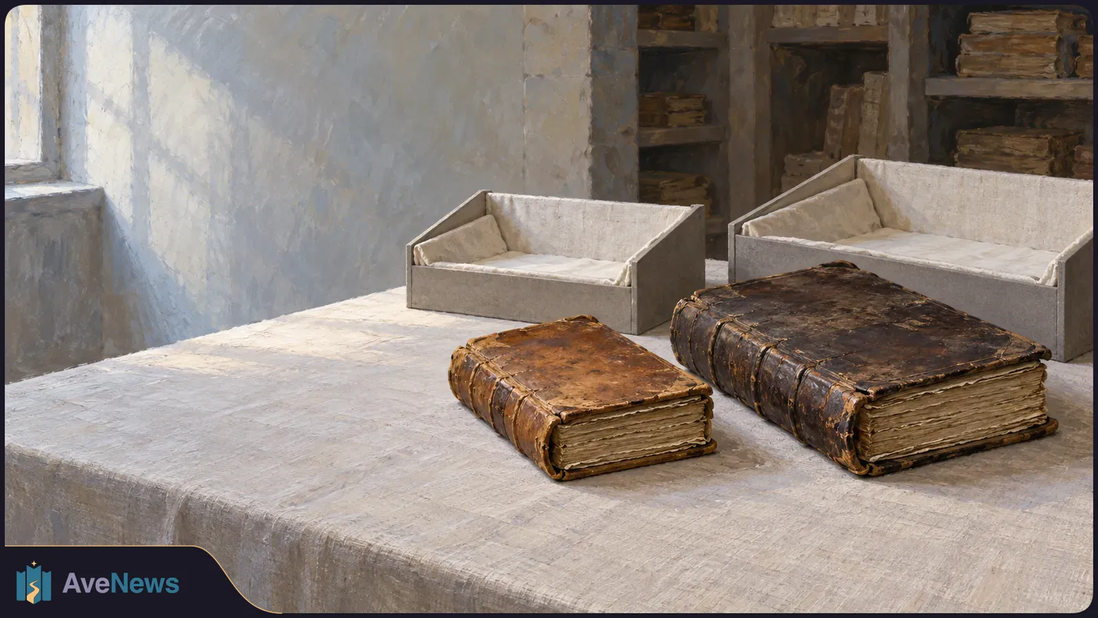 Two worn, leather-bound books rest on a cloth-covered table, with empty padded trays behind them and shelves of old books in the background. SI illustration