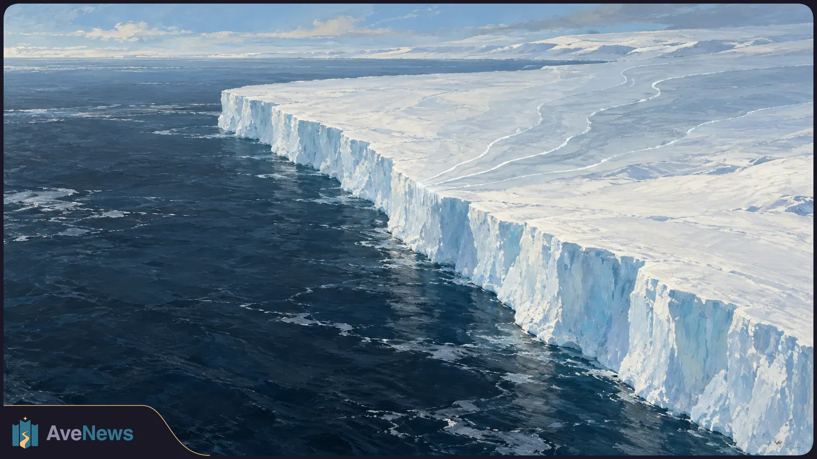 A vast white ice shelf ends in a sheer cliff above dark ocean water beneath a cloud-streaked blue sky. SI illustration
