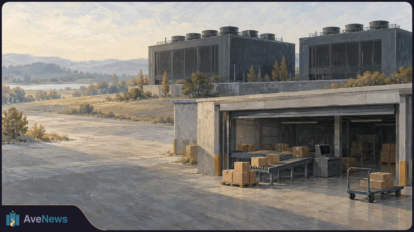 Painted industrial scene with two large vented buildings behind an open loading bay with a conveyor, cardboard boxes and a handcart. SI illustration