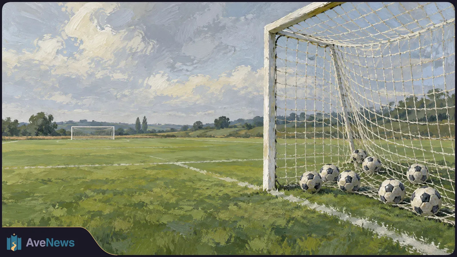 Painted football pitch with eight black-and-white balls gathered in the near goal and a second goal in the distance under a cloudy sky. SI illustration
