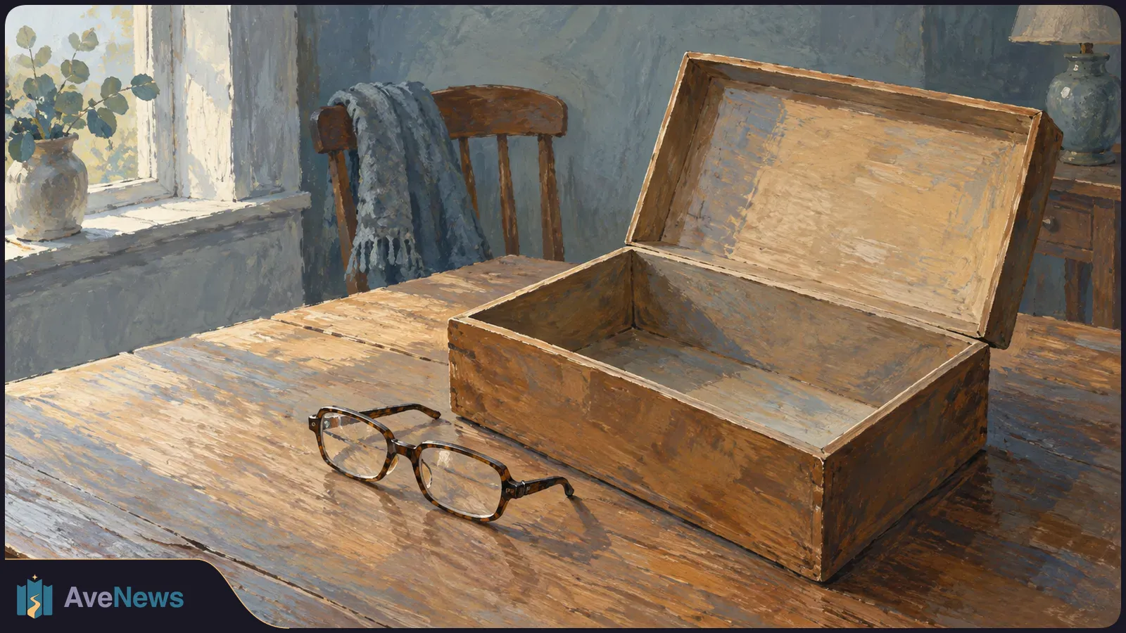 Painterly scene of an open, empty wooden box and eyeglasses on a table beside a sunlit window. A chair, scarf and vase are in the background. SI illustration