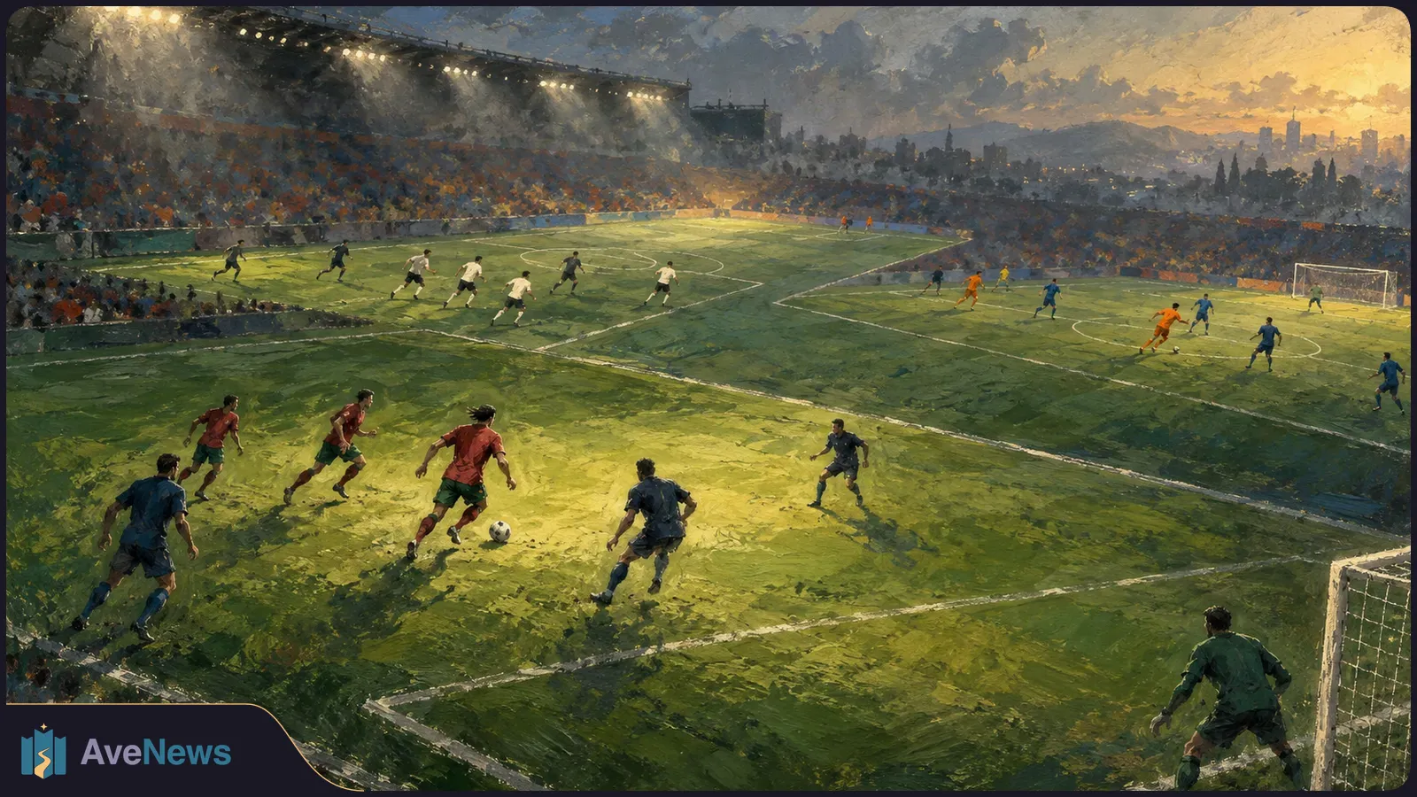 Painterly football scene: players in red and blue kits chase the ball on a floodlit pitch, with crowded stands and a sunset skyline behind them. SI illustration