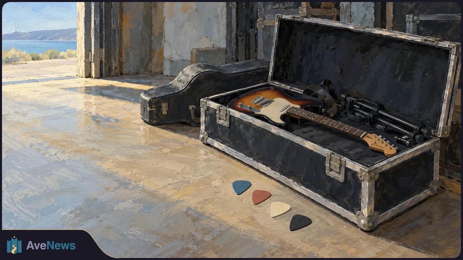 An illustrated electric guitar rests in an open black road case beside four picks. Another guitar case sits near an open doorway overlooking the water. SI illustration