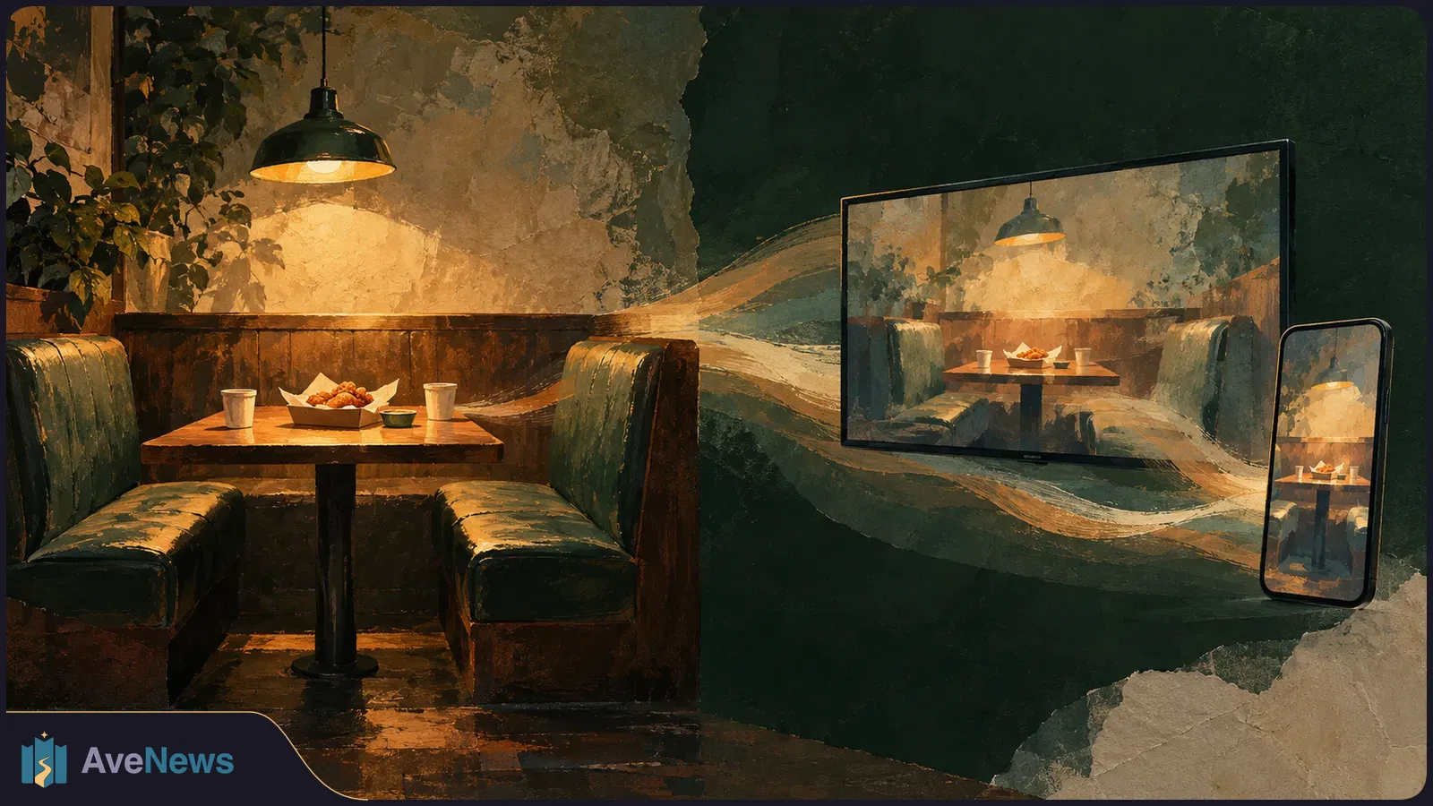 Illustrated chicken-shop booth with fried chicken and paper cups on the table. A wall-mounted screen and a nearby phone show the same booth. SI illustration