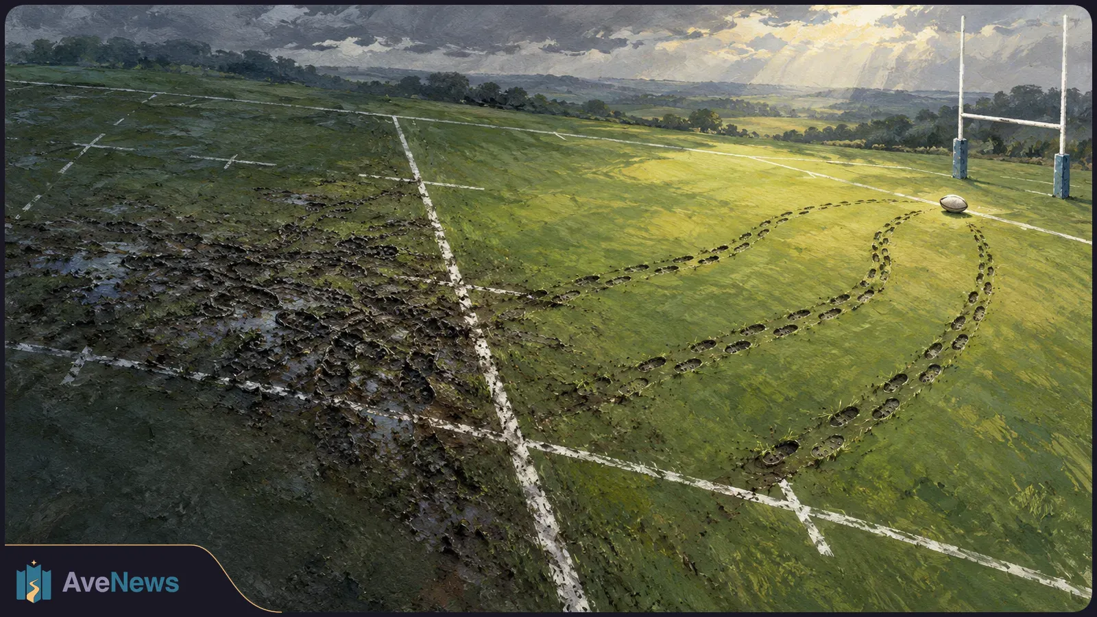Painted rugby field, muddy and dark on one side and sunlit on the other, with footprints curving toward a ball beneath the goalposts. SI illustration