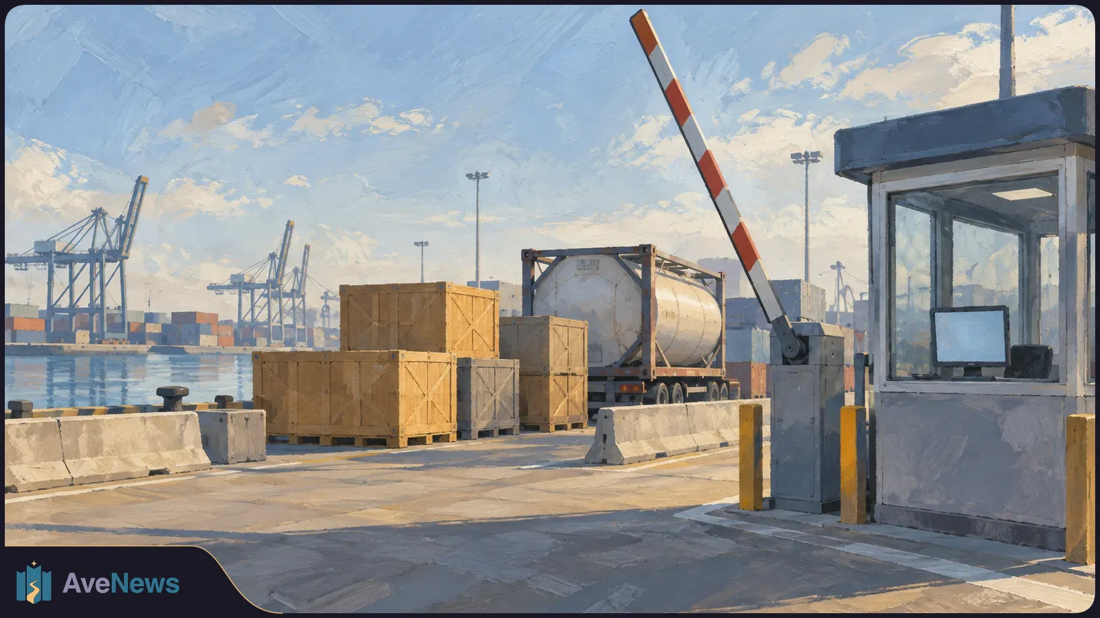 Painted port checkpoint with a raised barrier, guard booth, wooden crates and a tank trailer. Cranes and shipping containers stand across the water. SI illustration
